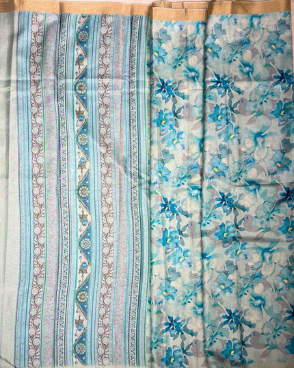 Khadi Saree – Blue Floral Print & Elegant Handloom Design