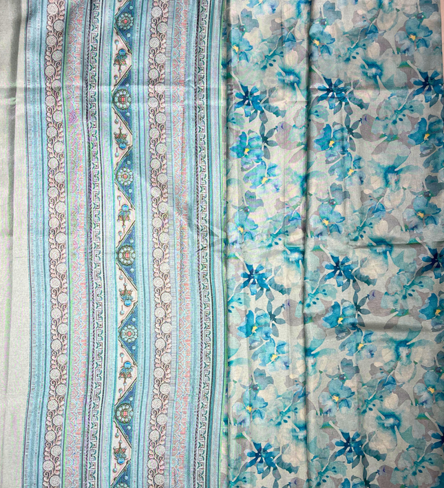 Khadi Saree – Blue Floral Print & Elegant Handloom Design