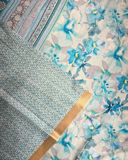 Khadi Saree – Blue Floral Print & Elegant Handloom Design