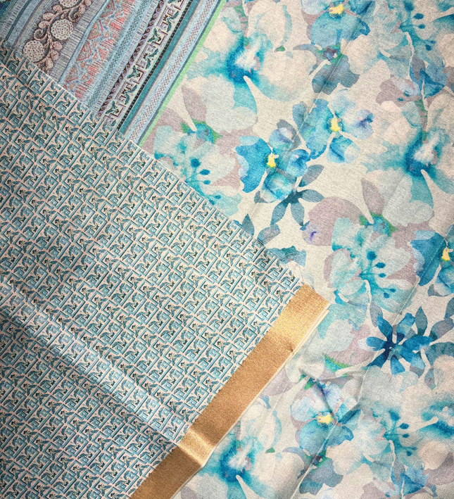 Khadi Saree – Blue Floral Print & Elegant Handloom Design