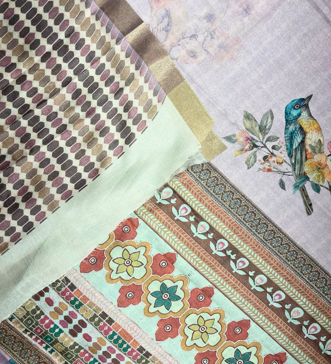 Khadi Saree – Floral & Bird Print with Elegant Handloom Border