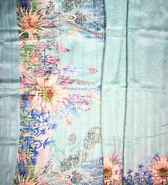 Khadi Saree – Digital Botanical Print with Pastel Base