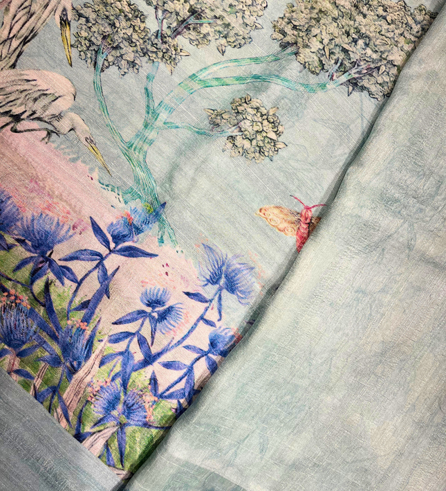 Khadi Saree – Digital Botanical Print with Pastel Base