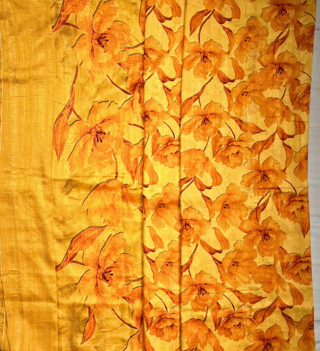 Yellow Khadi Floral Print Saree – Elegant Handwoven Ethnic Wear