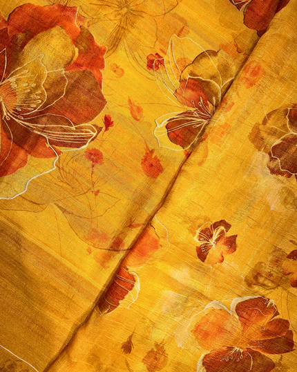 Yellow Khadi Floral Print Saree – Elegant Handwoven Ethnic Wear