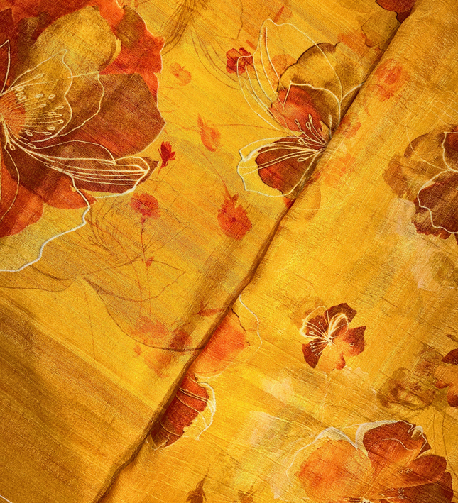 Yellow Khadi Floral Print Saree – Elegant Handwoven Ethnic Wear