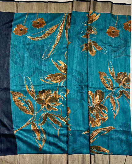 Teal Blue Khadi Digital Print Saree – Elegant Handloom with Floral Design