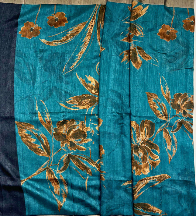 Teal Blue Khadi Digital Print Saree – Elegant Handloom with Floral Design