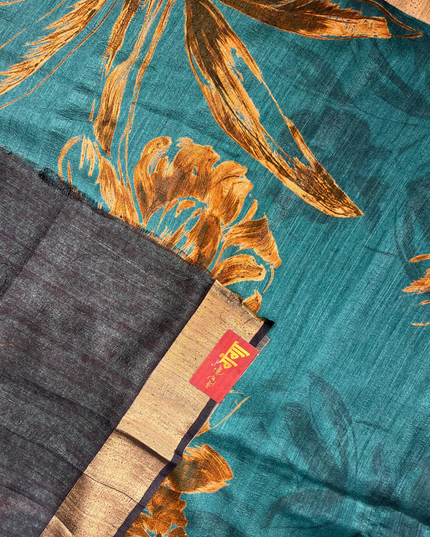 Teal Blue Khadi Digital Print Saree – Elegant Handloom with Floral Design