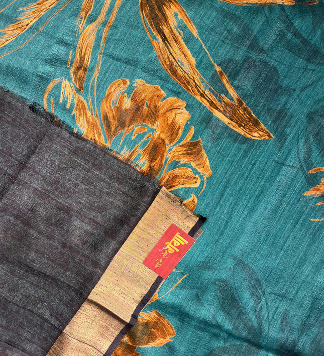 Teal Blue Khadi Digital Print Saree – Elegant Handloom with Floral Design