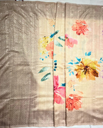 Champagne Khadi Floral Print Saree – Watercolor Pastel Handloom Elegance