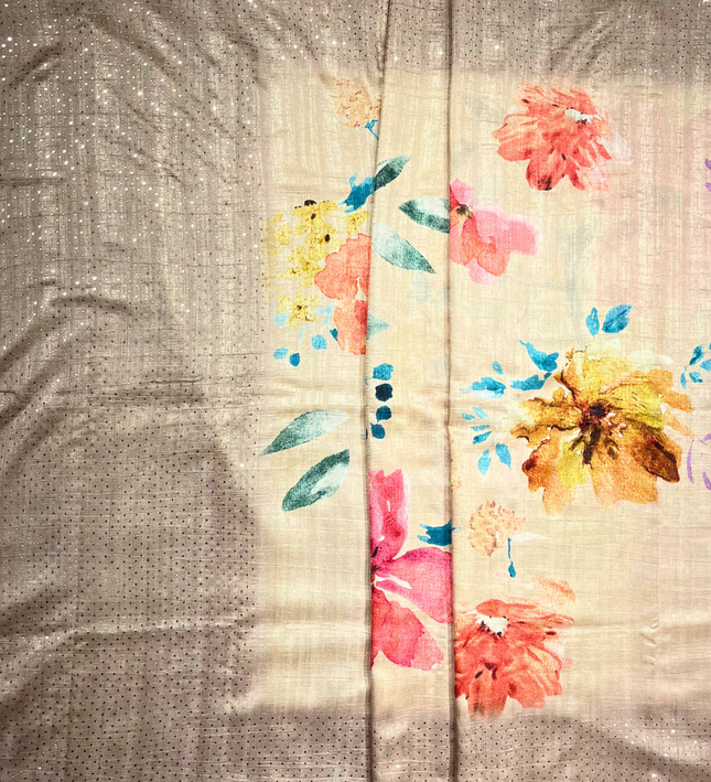Champagne Khadi Floral Print Saree – Watercolor Pastel Handloom Elegance