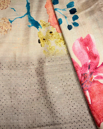 Champagne Khadi Floral Print Saree – Watercolor Pastel Handloom Elegance