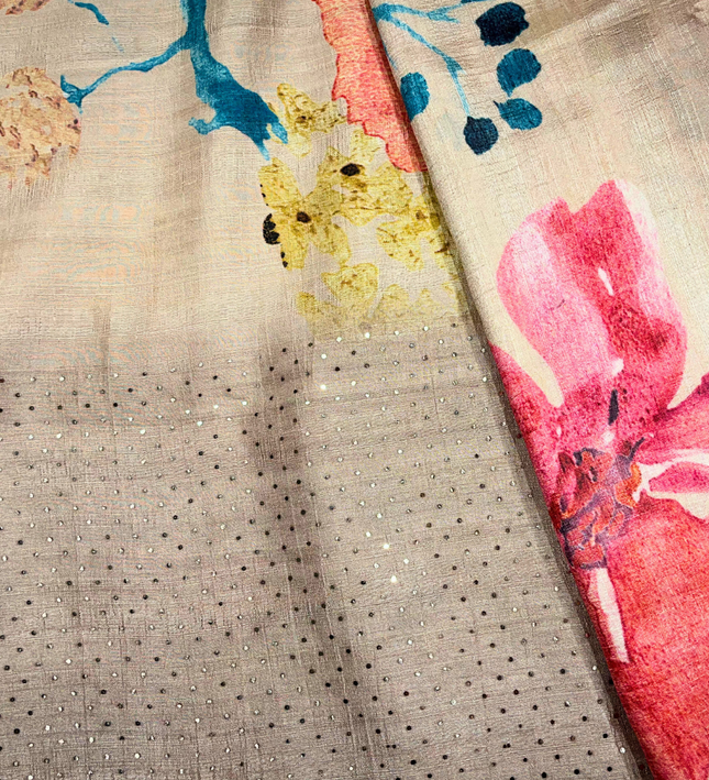 Champagne Khadi Floral Print Saree – Watercolor Pastel Handloom Elegance