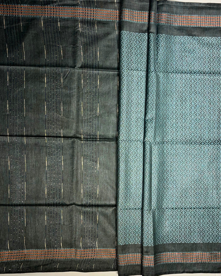 Bhagalpuri Silk Saree – Charcoal with Teal Geometric Pallu