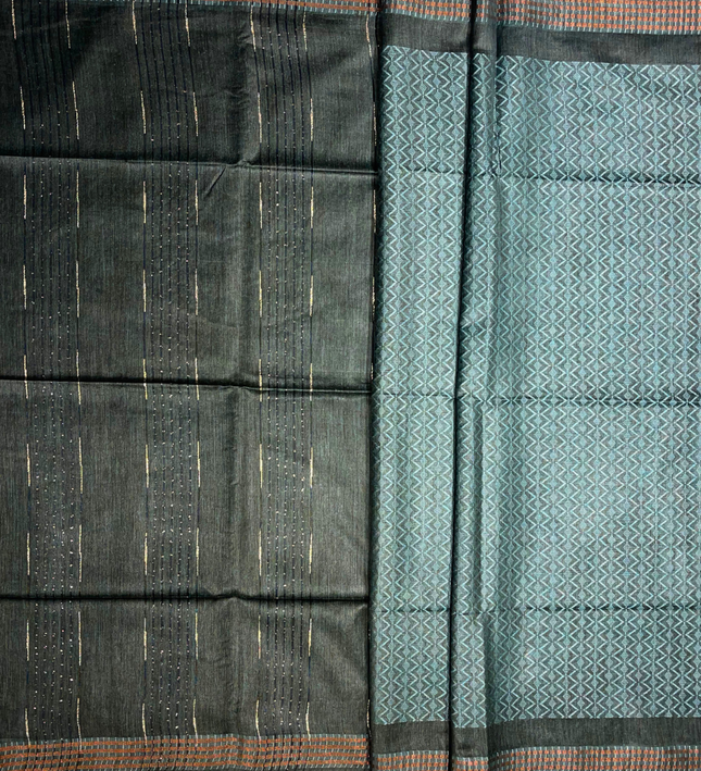 Bhagalpuri Silk Saree – Charcoal with Teal Geometric Pallu