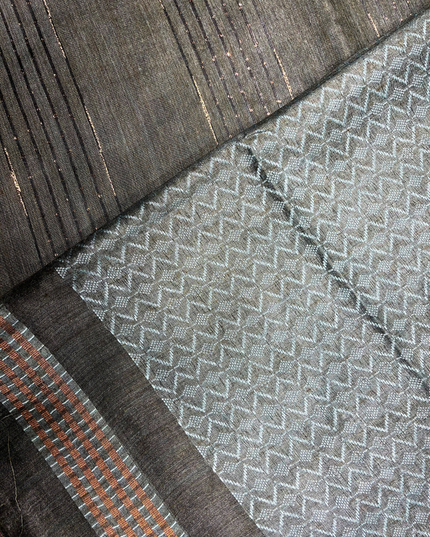 Bhagalpuri Silk Saree – Charcoal with Teal Geometric Pallu