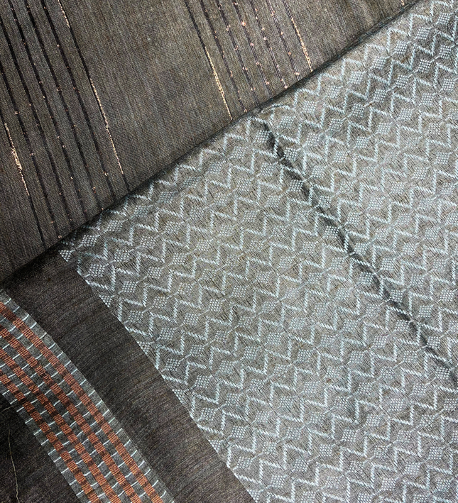 Bhagalpuri Silk Saree – Charcoal with Teal Geometric Pallu