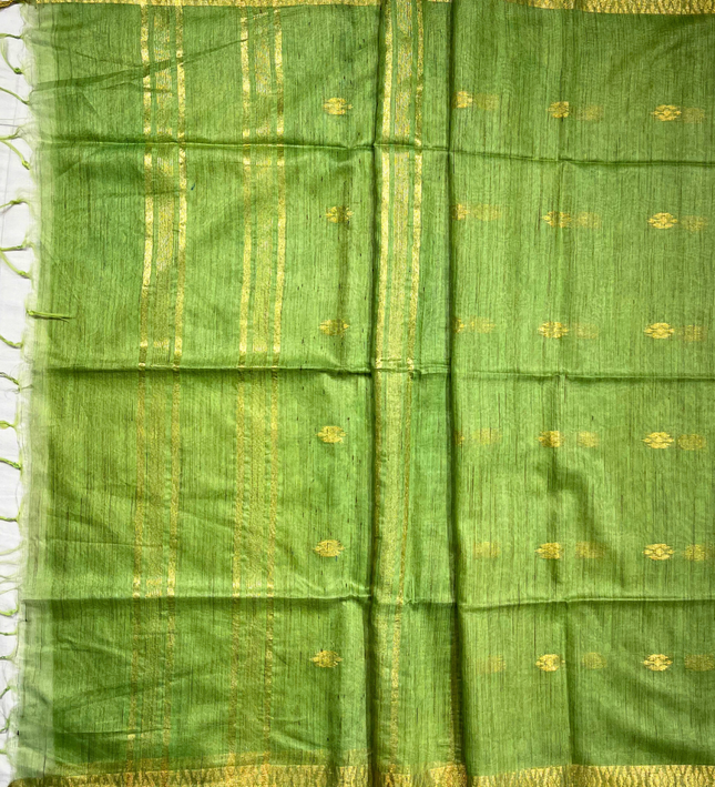 Pista Green Bhagalpuri Silk Saree – Gold Zari Handloom Elegance