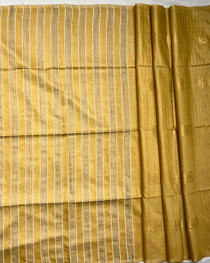 Golden Bhagalpuri Silk Saree – White Stitch-Line Detailing