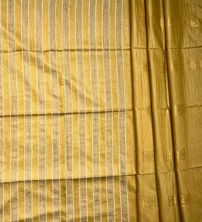 Golden Bhagalpuri Silk Saree – White Stitch-Line Detailing
