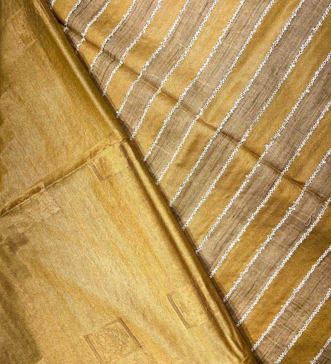Golden Bhagalpuri Silk Saree – White Stitch-Line Detailing