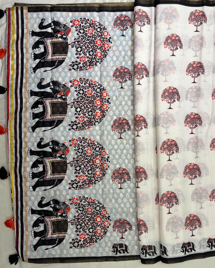 Cotton Linen Saree – Artistic Elephant & Tree Figure Print with Tassel Detailing