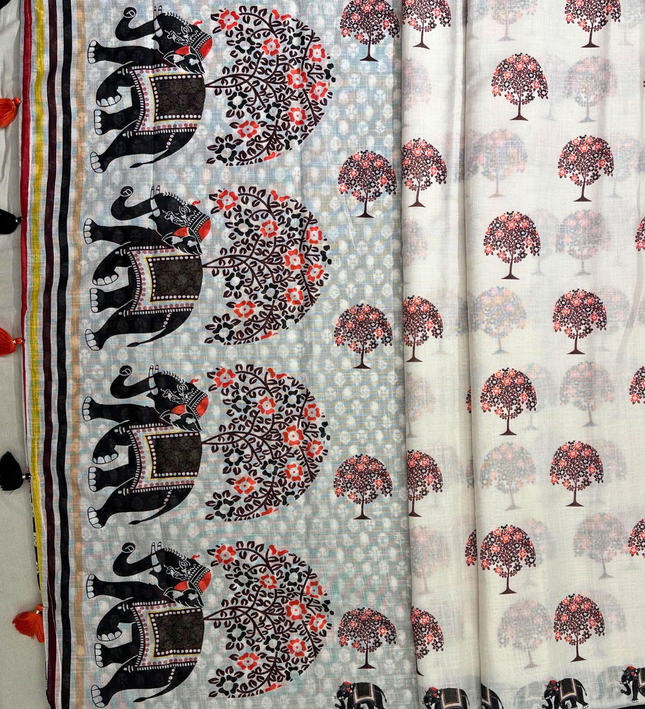 Cotton Linen Saree – Artistic Elephant & Tree Figure Print with Tassel Detailing