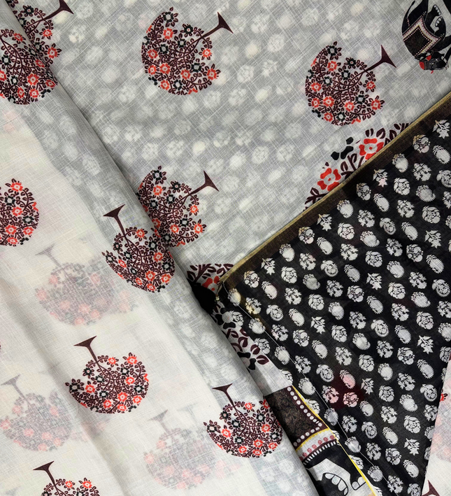Cotton Linen Saree – Artistic Elephant & Tree Figure Print with Tassel Detailing