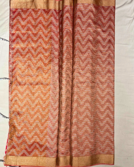 Rose Gold Soft Tissue Saree – Chevron Zari Weave Elegance