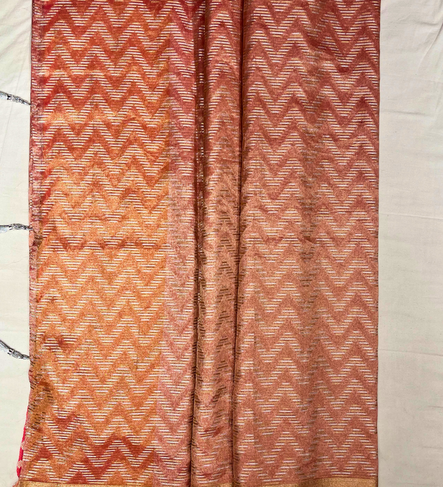 Rose Gold Soft Tissue Saree – Chevron Zari Weave Elegance