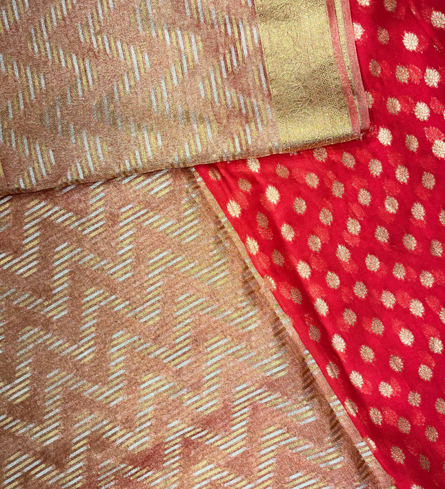 Rose Gold Soft Tissue Saree – Chevron Zari Weave Elegance