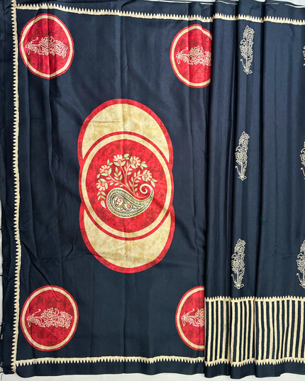 Elegant Black Khadi Printed Saree – Traditional Motifs & Bold Accents