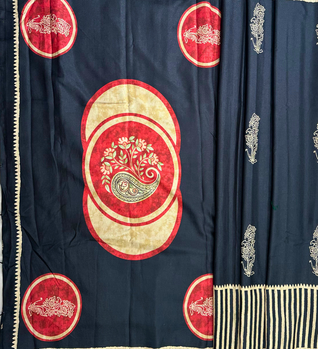 Elegant Black Khadi Printed Saree – Traditional Motifs & Bold Accents