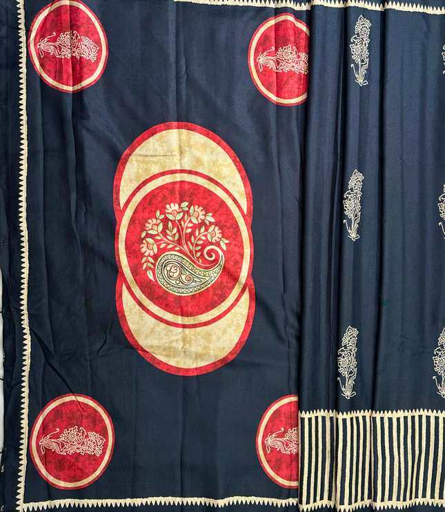 Elegant Black Khadi Printed Saree – Traditional Motifs & Bold Accents