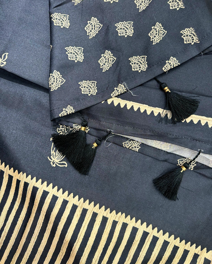 Elegant Black Khadi Printed Saree – Traditional Motifs & Bold Accents