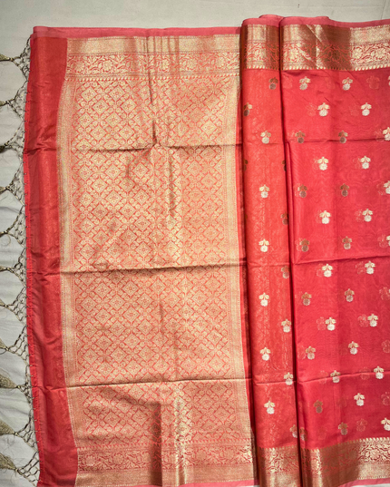 Coral Pink Soft Tissue Saree – Zari Weave Elegance