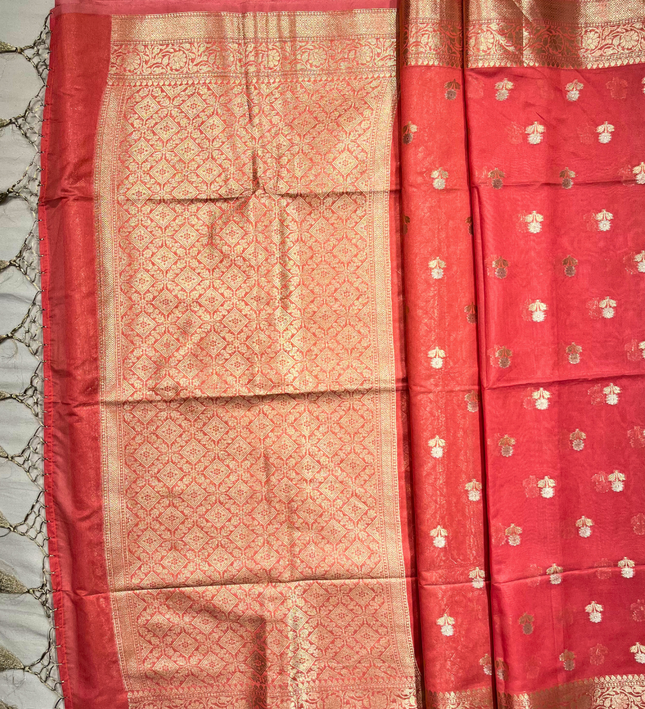 Coral Pink Soft Tissue Saree – Zari Weave Elegance
