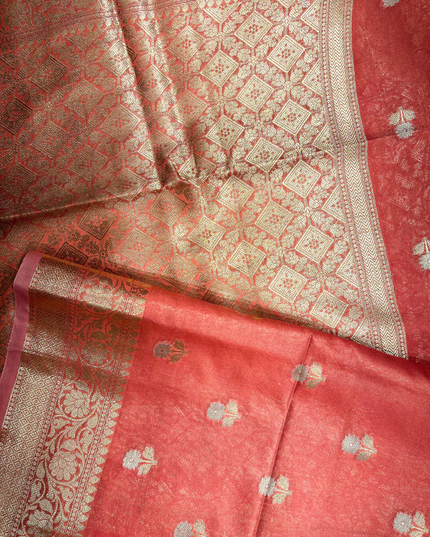 Coral Pink Soft Tissue Saree – Zari Weave Elegance