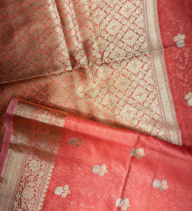 Coral Pink Soft Tissue Saree – Zari Weave Elegance