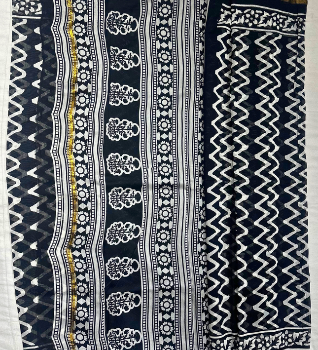 Chanderi Cotton Masba Print Saree – Monochrome Elegance