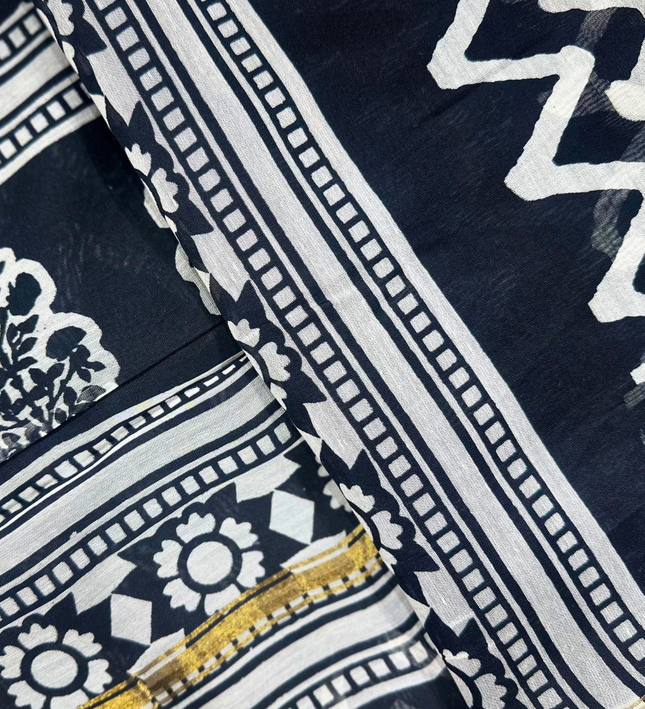 Chanderi Cotton Masba Print Saree – Monochrome Elegance