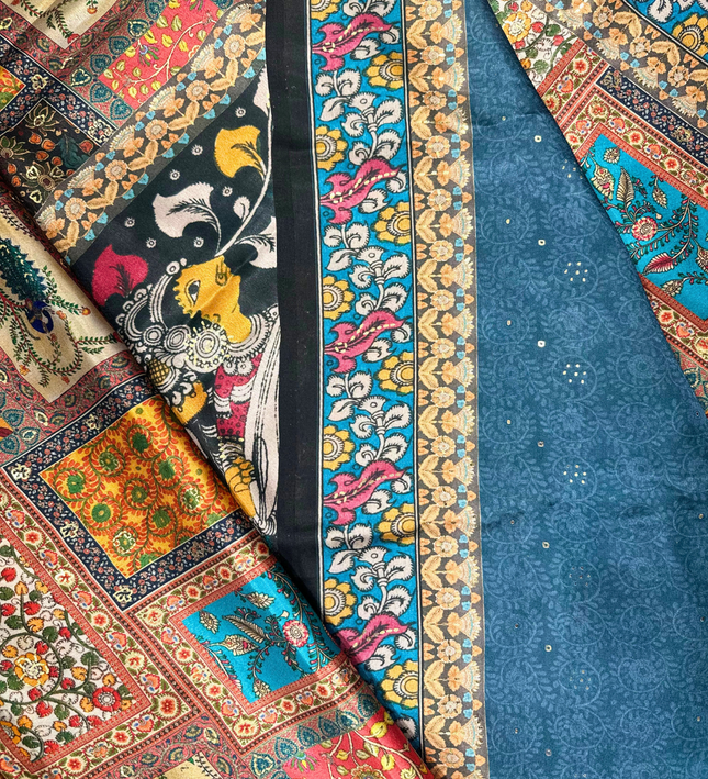 Regal Charm Satin Crepe Saree with Kalamkari-Inspired Print