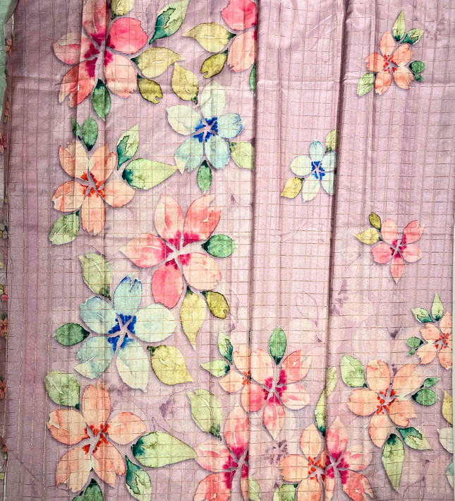 Khadi Saree – Pastel Floral Print & Handloom Weave