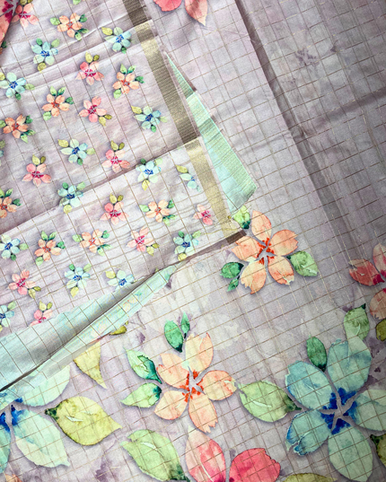 Khadi Saree – Pastel Floral Print & Handloom Weave