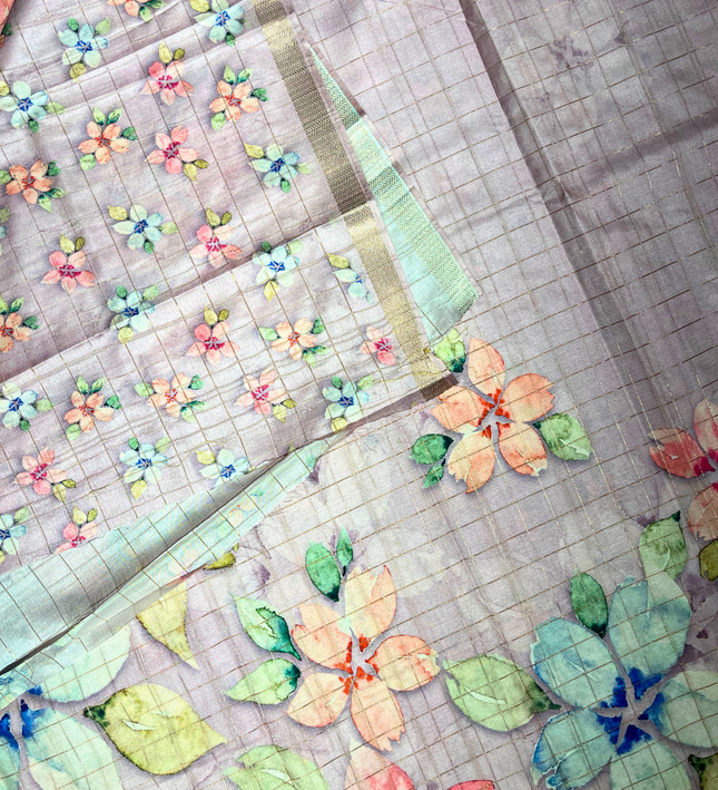 Khadi Saree – Pastel Floral Print & Handloom Weave