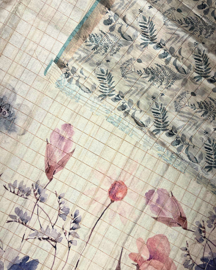 Cream Khadi Floral Print Saree – Pastel Watercolor Handloom Elegance