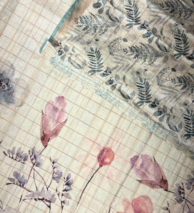 Cream Khadi Floral Print Saree – Pastel Watercolor Handloom Elegance