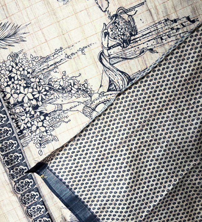 Beige Khadi Block Print Saree – Heritage Handloom Artistry