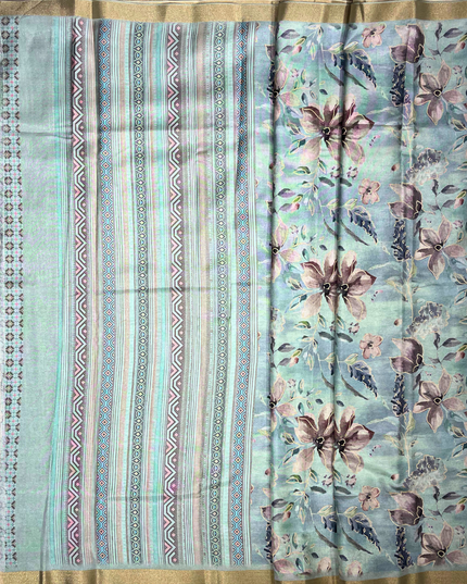 Pastel Blue Khadi — Botanical & Abstract Print Saree